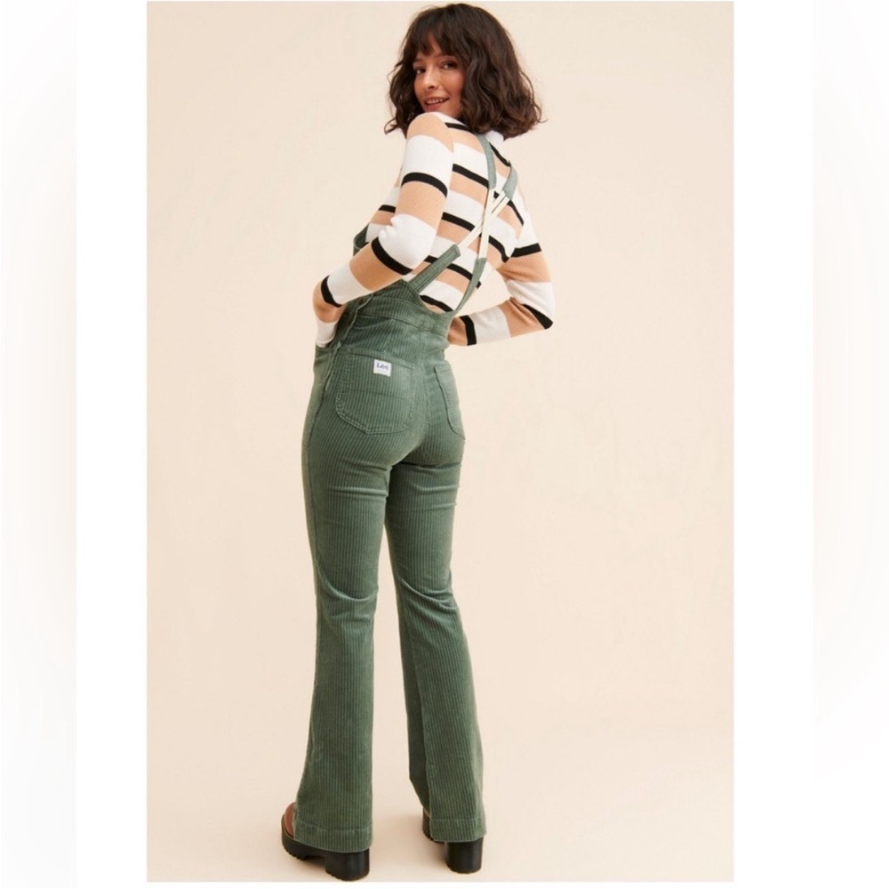 FREE PEOPLE x LEE Vintage Corduroy Flare Overalls in Greyed Olive - Picture 6 of 14